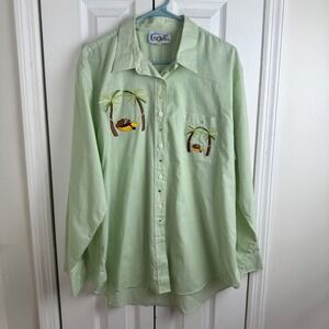 Las Olas Palm Tree Monkey Hammock Embroidered Striped Button Up Shirt Women's XL